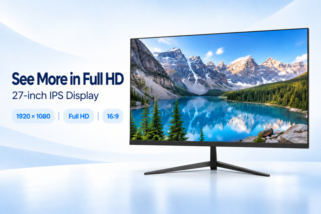 27-inch IPS monitor with 1920 x 1080 Full HD resolution and 16:9 aspect ratio.