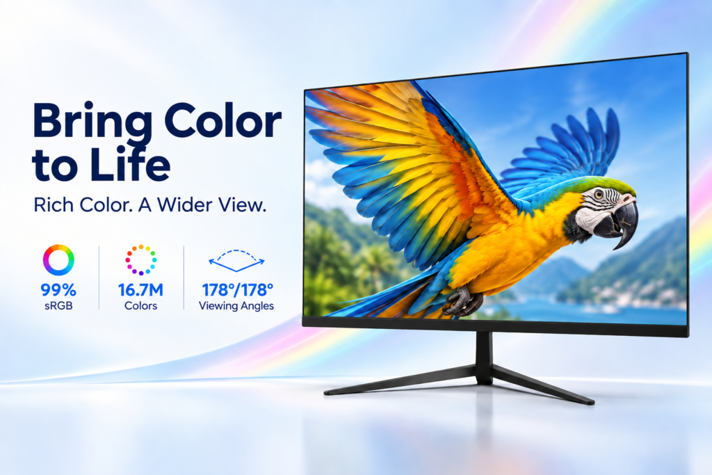 99% sRGB, 16.7 million colors and 178-degree viewing angles on the JDS HT27024AF100N.