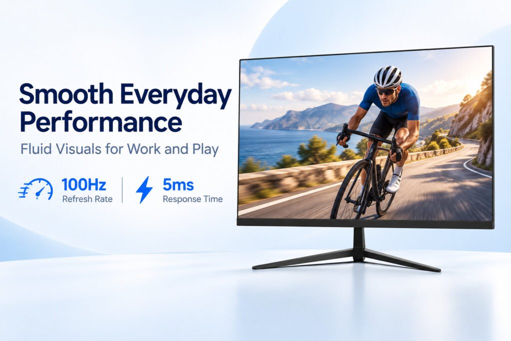 JDS HT27024AF100N monitor featuring 100Hz refresh rate and 5ms response time.