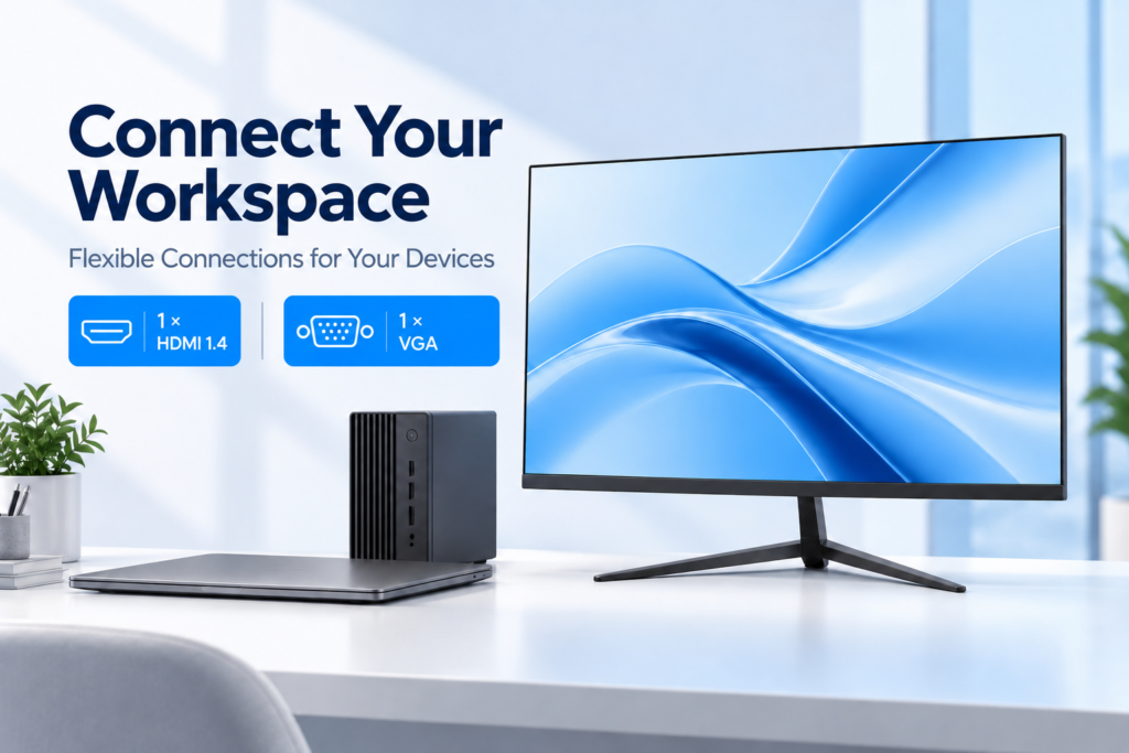 JDS HT27024AF100N monitor connectivity with one HDMI 1.4 input and one VGA input.